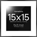 Homeforia 15x15 Picture Frame Black, High End Metal 15 x 15 Square Poster Frames with Mat 11 x 11 Photo, 15x15 Black Frame Matted to 11x11 Print, 15by15 Thin Frames, Tempered Glass, Wall Kit, Set of 1