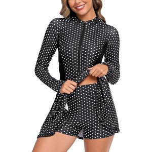Women Two Piece Rash Guard Sets UPF50+ Swim Dress with Shorts Black/White, Size: L