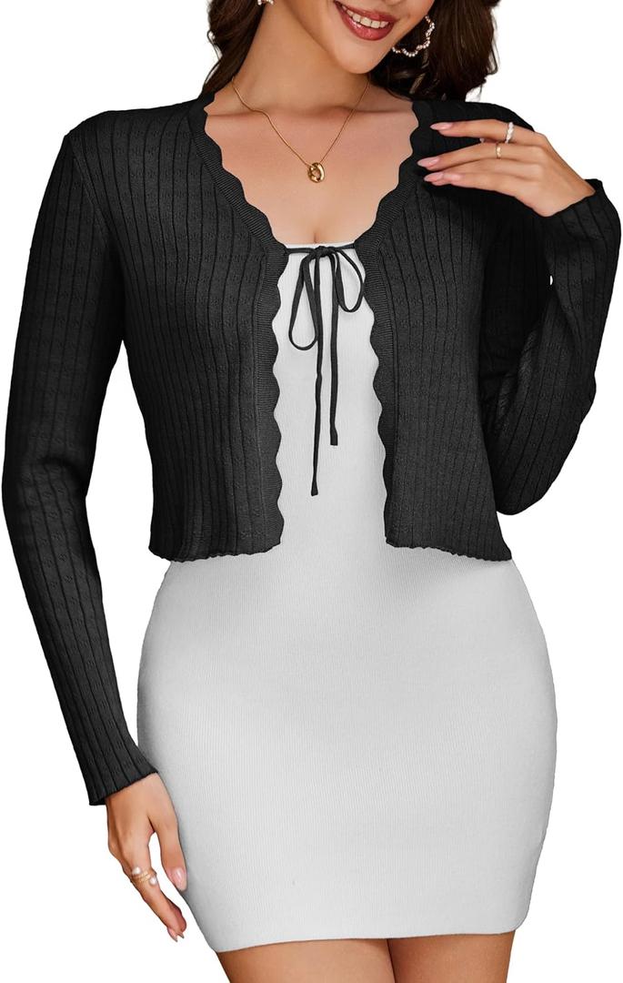 CARDYDONY Women's Cropped Cardigan Tie Front Long Sleeve Rib Knit Bolero Shrug Sweaters S-XL (Black, M)