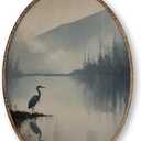 Qskjre Vintage Great Blue Heron Wall Art Decor, Natural Japandi Bird Coastal Oval Wood Framed Canvas Wall Artwork, Lake Mountain Landscape Hanging Prints for Living Room Bedroom Decorations8.6x11.4