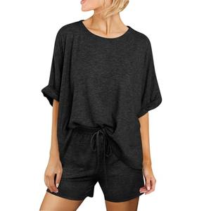 Tankaneo Womens 2 Piece Sets Summer Outfits 2026 Two Piece Lounge Set Pajamas Oversized T-shirts Drawstring Shorts Sets Black, L