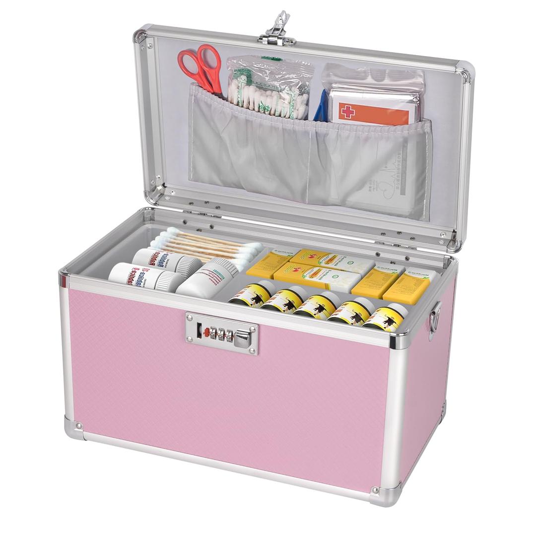 Medicine Box with Combination Lock - 13.4"x7.6"x8.2" First Aid Safe Medication Storage Case, Personal Items Safe Case for Hospital & Home & Outdoor 【Pink】
