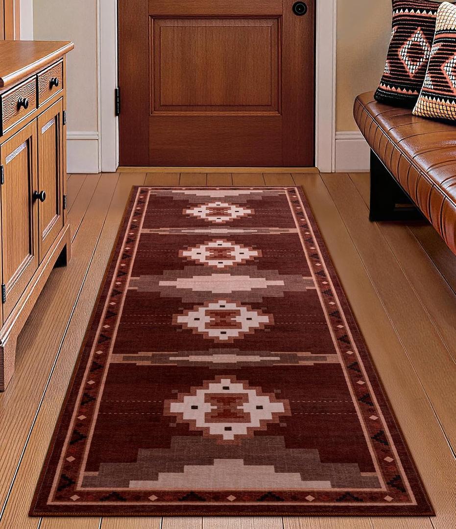 Western Hallway Runner Rug 2x6 Non-Slip, Washable Mid Century Modern Runner Rug, Southwestern Low Pile Entryway Rug for Kitchen, Bedroom, Laundry Room-Brown/Red