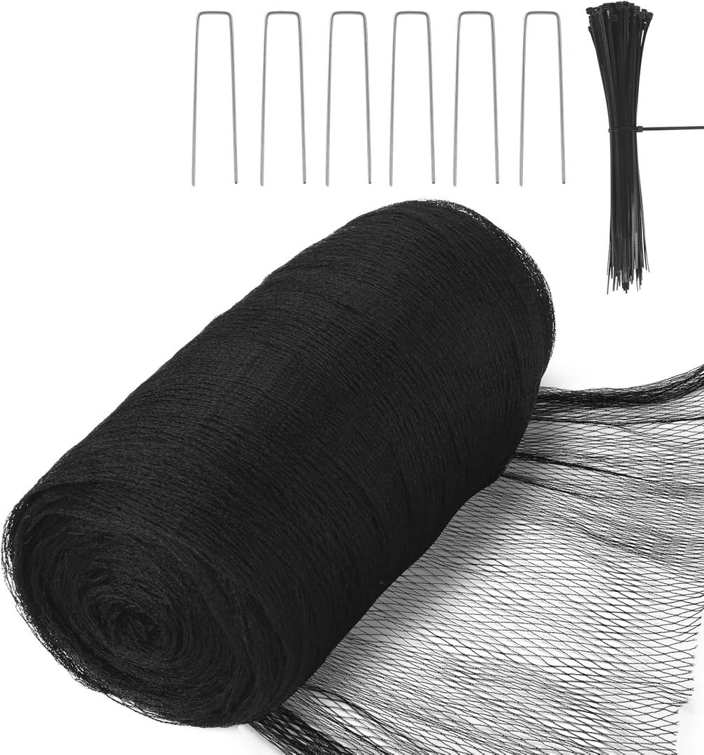 Bird Netting for Garden, 26 x 49FT Heavy Duty Anti Bird Netting Mesh with Ties and Landscape Staples for Vegetable, Fruit Trees & Other Plants, Lasting Against Birds Squirrels and Poultry, Black