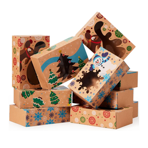 JOYIN 12PCS Christmas Cookie Boxes for Gift Giving, 8.75" x 5.75" x 2.75" Xmas Holiday Treat Cookie Tin with Window, 3 Designs Brown Foiled Kraft Bakery Box for Pastries, Cupcakes, Brownies, Doughnut