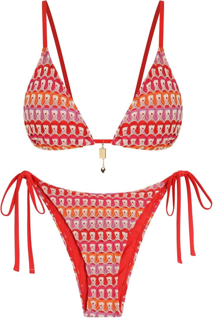 Zaful Crochet Bikini Sets for Women Cheeky Two Piece Bathing Suits Striped Brazilian High Cut Knit Swimsuit Tie for Vacation, L