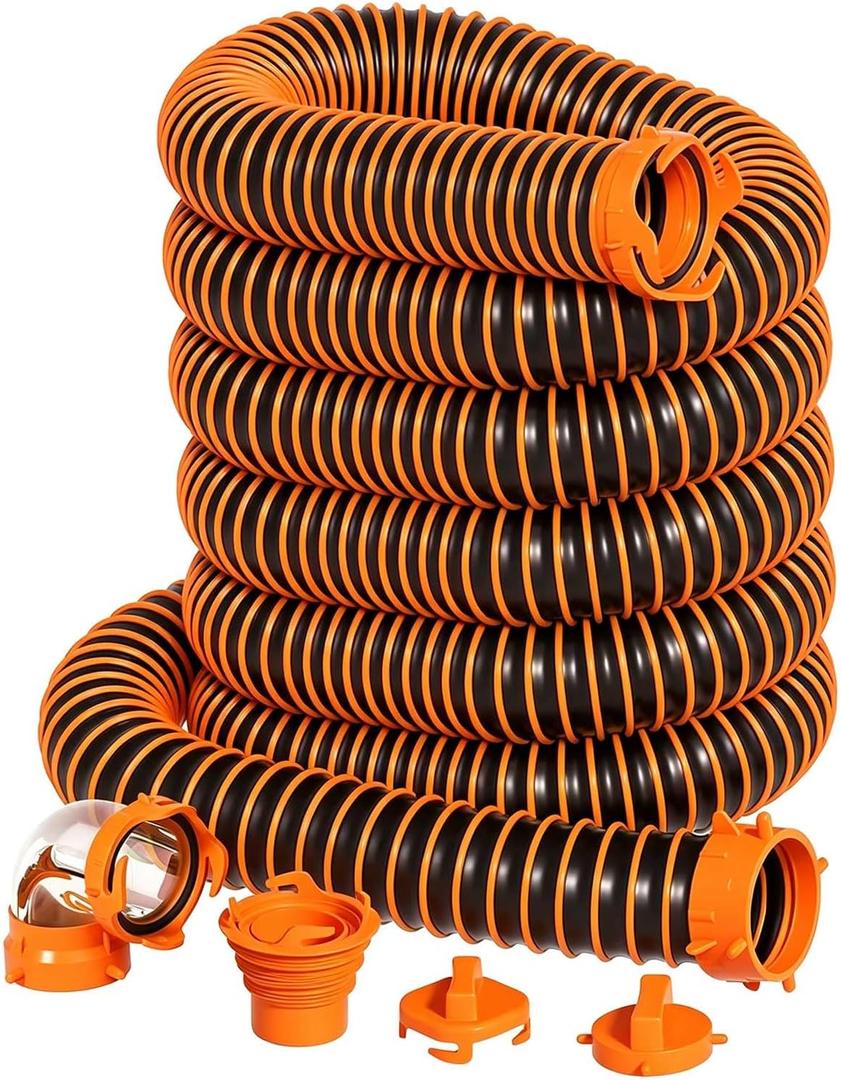 50 FT Extra Long Camper RV Sewer Hose Kit with 6-in-1 Clear Elbow Adapter