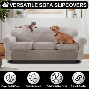 FestiCorp 4 Piece Velvet Sofa Covers for 3 Seat Cushion Couch Sofa Slipcovers, Stretch Couch Cover, Thick Furniture Protector for Dogs Pets, Sofa, Taupe