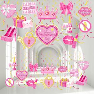2 x Pajean 54 Pcs Galentine's Day Decorations Ladies Celebrating Ladies Hanging Swirls Double-sided Galentines Ceiling Hanging Decorations for Lady Girls Night Valentine's Day Party Supplies