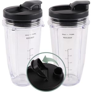 Replacement Parts Kit Ninja Blender Cups for 24 Ounce Cup (2 packs) with Sip & Seal Lid Compatible with Ninja Auto IQ Blender BL450 BL454 BL490 BL680 BL2013 NN102