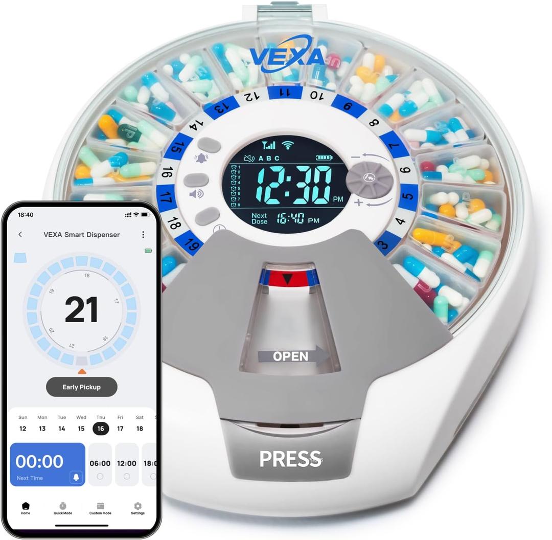 VEXA VitaMate Pro 21 WiFi Smart Pill Dispenser with Exclusive Self-Developed App, Automatic Rotating & Rising Containers, Remote Caregiver Alerts, Sound/Light Reminders for Meds & Supplements