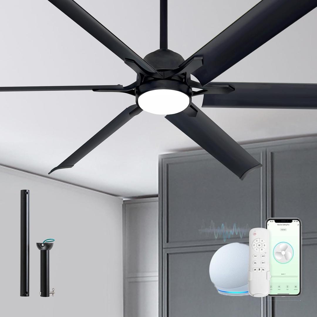 60 Inch Smart Outdoor Ceiling Fan with Light,6 Matte Black Aluminum Blades
