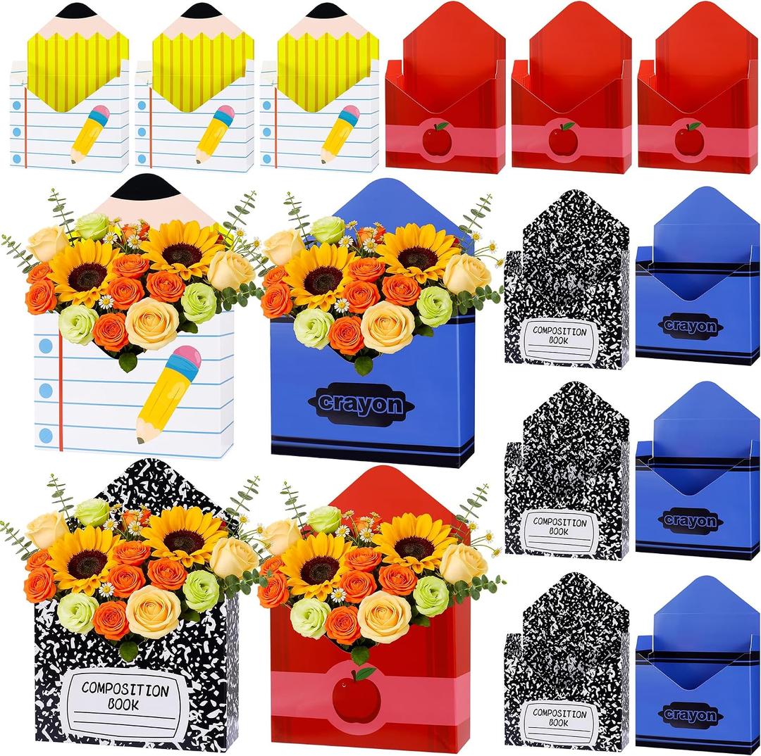 FOGWOWO 12 Pcs Teacher Appreciation Gifts Florist Bouquet Envelope Boxes Stripe Paper School Teacher Floral Envelope Boxes,Back to School Flower Bouquet Packaging Gift Box Wrapping for Party Favors, 7.87 x 2.75 x 11.81 inches