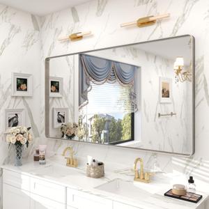 55x30 Silver Bathroom Mirror for Wall, Brushed Metal Silver Framed Bathroom Vanity Mirror, Rounded Corner Rectangle Mirror, Shatterproof, Anti-Rust (Horizontal/Vertical)