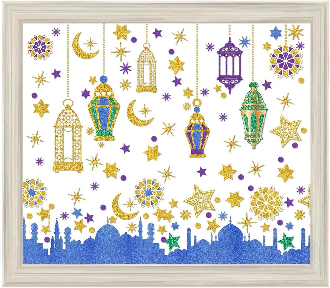 Ramadan Mubarak Window Clings Eid Mubarak Window Stickers Party Supplies Decorations Muslim Happiness Ramadan Eid Al-fitr Decor (Blue and Gold)