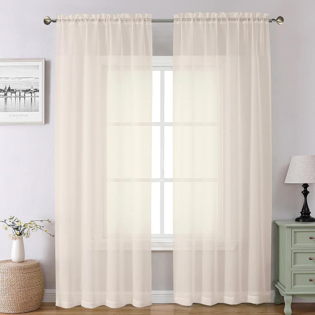 Chyhomenyc Cream Sheer Curtains 72 Inch Length 2 Panels, Light Filtering Top Dual Rod Pocket Voile Window Curtain Drapes for French Door, Bedroom Living and Children Room, Each 42W x 72L