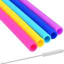 Reusable Silicone Drinking Straws - Set of 5 - BPA Free - Free Cleaning Brush Included - 10" Long Extra Wide Fat Straws - Great Gift for Smoothies & Bubble Tea Lovers