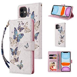 UEEBAI Wallet Case for iPhone 11 6.1 inch, PU Leather Phone Case Kickstand RFID Blocking Flip Case with Card Slots Wrist Strap Relief Engraved Pattern Magnetic Closure Folio Case - Blue Butterfly