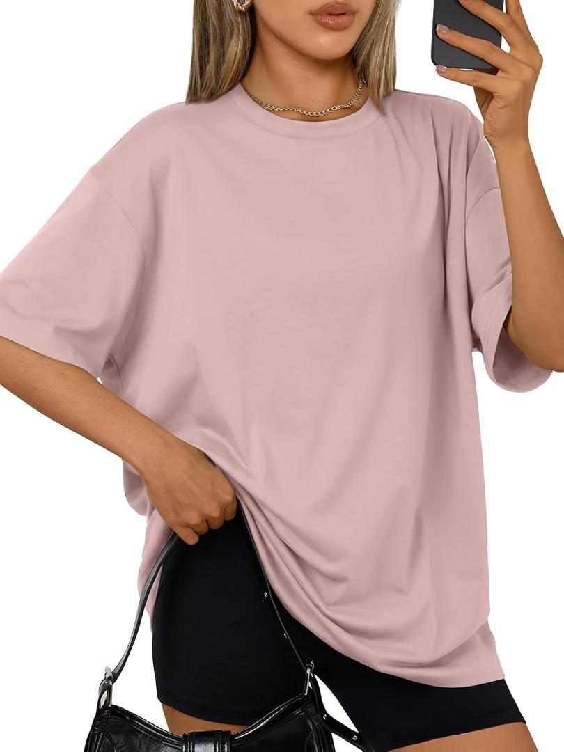 Trendy Queen Womens Oversized T-Shirts Short Sleeve Crew Neck Summer Tops (Pink, XS)