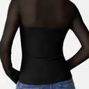 QINSEN Women's Sheer Long Sleeve Square Neck Fitted Top Minimalist Mesh Sleeve Blouse for Everyday Black S (Black, S)
