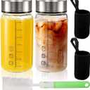 2 Pack Glass Bottles with Lids, 12 Oz Wide Mouth Shaker Bottle with Sleeve, Leakproof Glass Mixing Sports Drinking Bottles for Protein Mixs, Juice, Vitamin