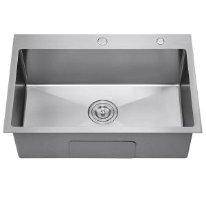 27 Inch Drop in Kitchen Sink with 2 Holes, 18 Gauge 304 Stainless Steel Topmount Single Bowl Handmade Kitchen Sink Brushed Nickel, D27" x W18" x H9"
