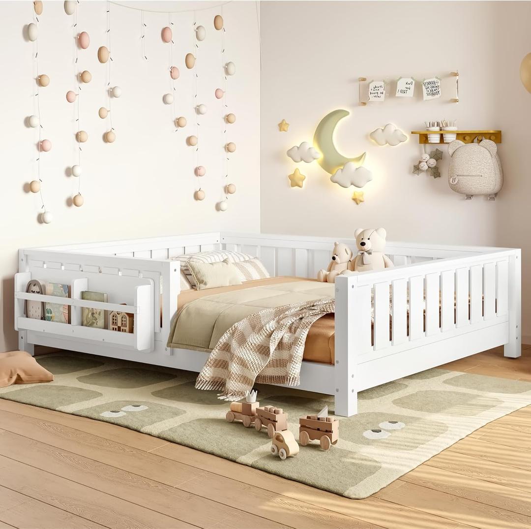 Bellemave Full Floor Bed with Slats and Rails, Full Size Montessori Floor Bed with Bookcase and Fence, Easy Assemble Montessori Beds for Girls, Boys, White Floor Beds