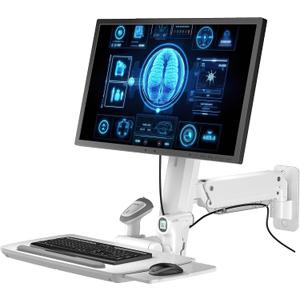 Mount Plus MED02 Medical Wall Mount Workstation with Folding Keyboard Tray | Large Sliding Mouse Pad | Height Adjustment Space Save Folding Design for 17"-35" Screen | Scanner Holder