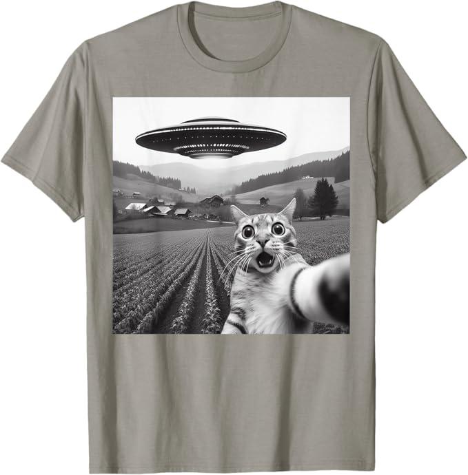 Cat Selfie With Alien UFO Funny Cat Gifts For Men Women Kid T-Shirt (Small, Gray)