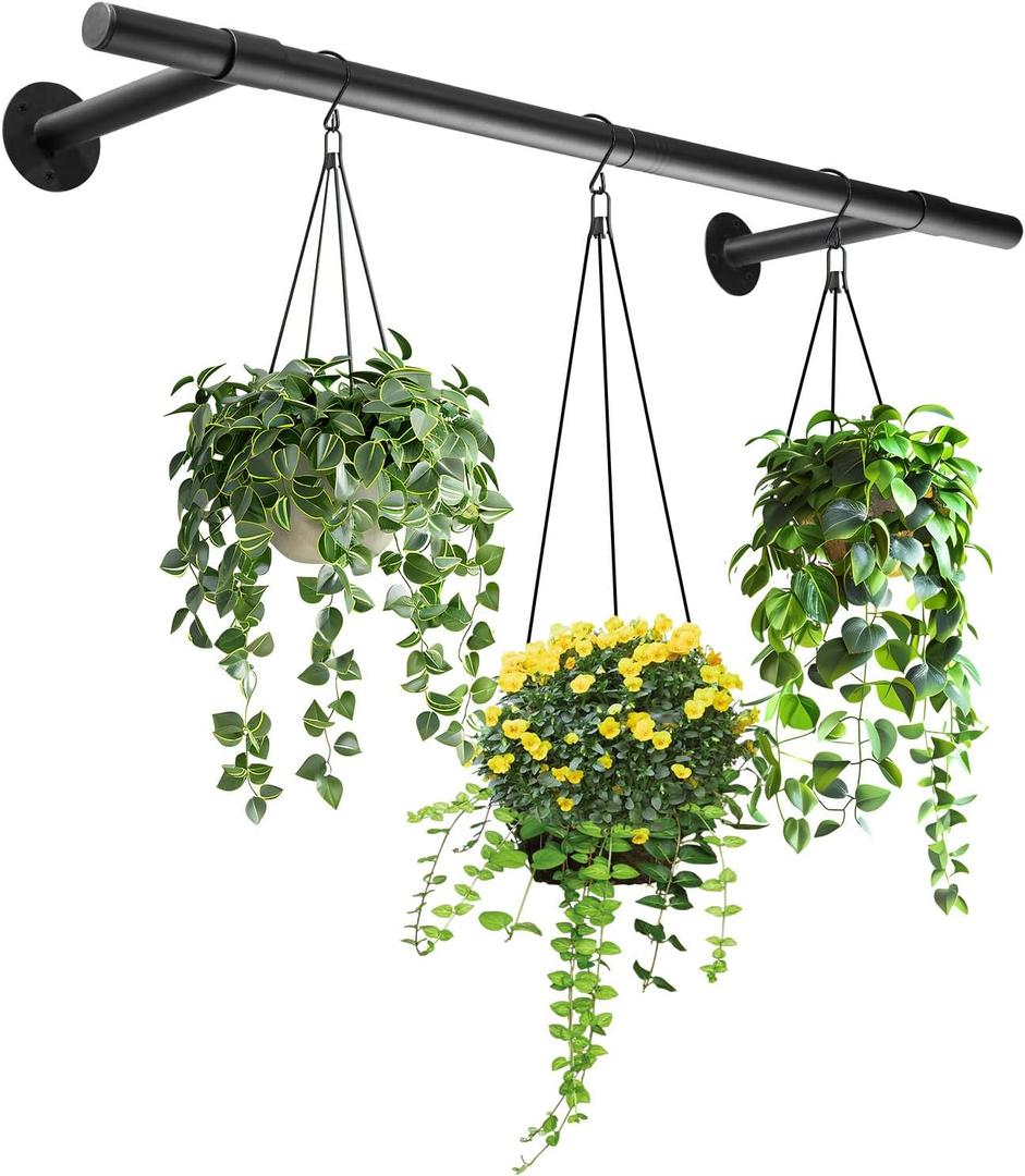 Hanging Planters Rod Plant Hanger Indoor for Window Ceiling, Hanging Plant Shelf for Wall Planter House Plants, Plant Shelves Metal Holder Bar 31.5In Black (Pots, plants, chains not included)