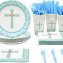Juvale 144 Baptism Decorations Party Supplies - Blue, Includes Disposable Paper Plates, Napkins, Cups, & Cutlery, For Easter Party, Baptisms, First Communion, Christening & More, Serves 24