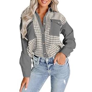 Dokotoo Womens Ladies Spring Fashion Contrast Patchwork V Neck Long Sleeve Button Down Corduroy Shirts with Pockets Casual Loose Plaid Blouses Tops for Women Outwear Shacket Coat Gray Medium