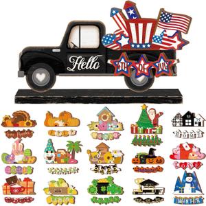 34 Pcs Small Interchangeable Patriotic Truck Decor 4th of July Table Centerpiece Holiday Seasonal Sign Farmhouse Wood Home Office Desk Accessories Memorial Day Tiered Tray Decorations Gift