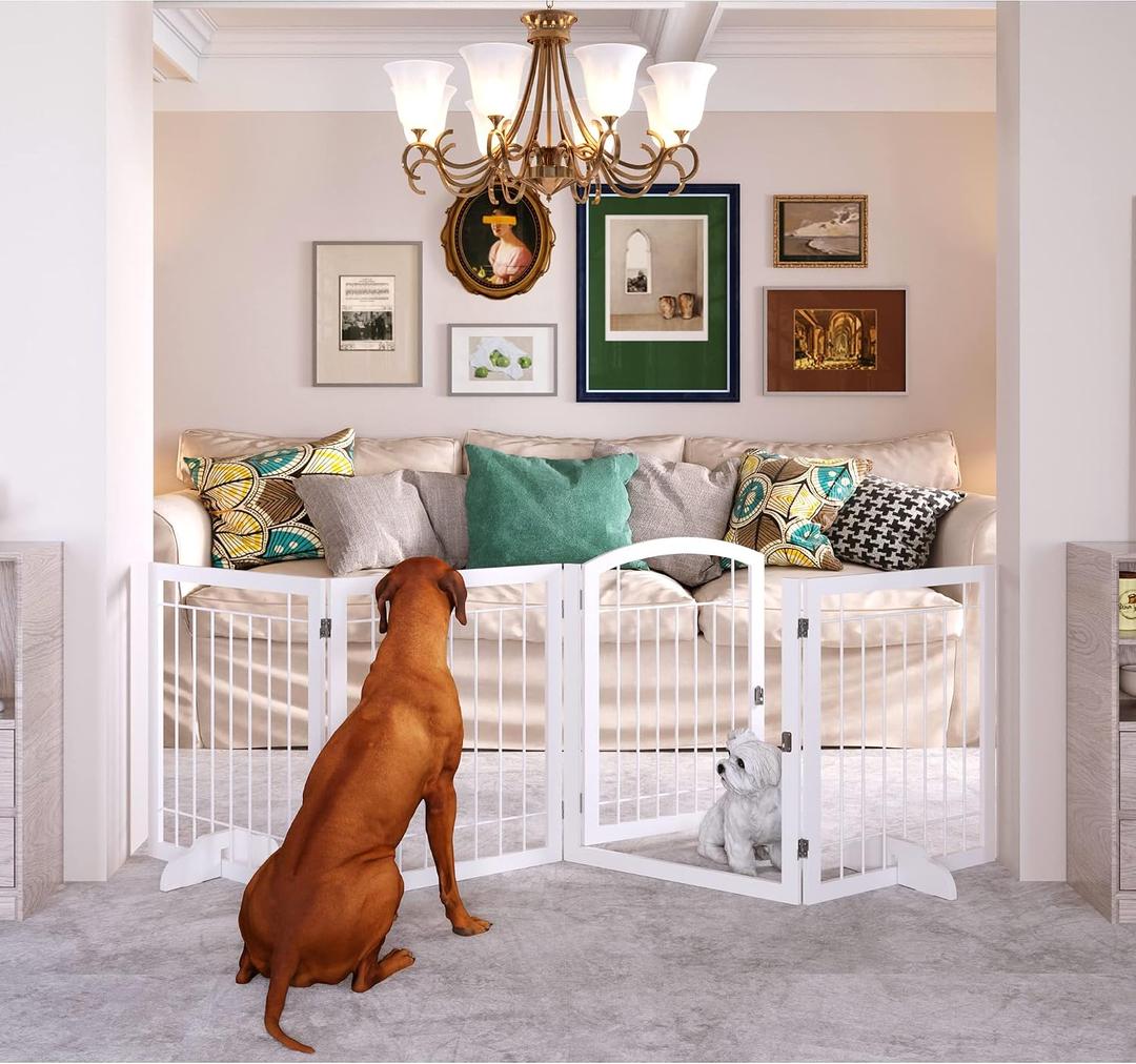 JSB 96-inch Extra Wide 30-inch Tall Dog gate with Door Walk Through, Freestanding Pet Gate for Halls, Stairs & Home, Pet Puppy Safety Dog Fence with 2PCS Support Feet (White)