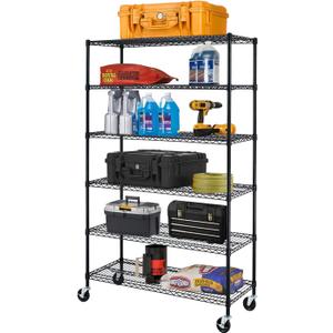 BestOffice | 6-Tier Wire Storage Shelves with Wheels | 18x48x78 | Black | Adjustable Racks | Heavy-Duty Metal Shelf, Holds Upto 600 lbs | No-Tool Assembly | Ideal for Home & Garage Shelving