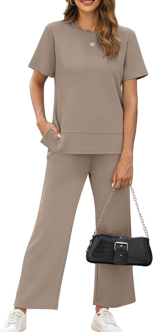 XIEERDUO Plus Size Lounge Set for Women Two Piece Airport Travel Outfits Fashion Wide Leg Pants Matching Loungewear Sets Women's Summer Sweat Suit Khaki 3XL