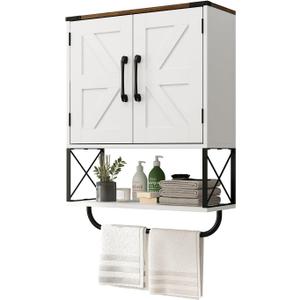 RUSTOWN Farmhouse Medicine Cabinet with 2 Barn Door, Boho Wood Wall Mounted Storage Cabinet with Adjustable Shelf and Towel Bar, 3-Tier Bathroom Cabinet for Bathroom (White and Walnut)
