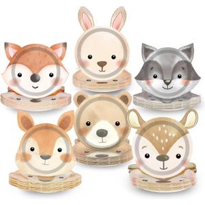 Naozinebi 60 Count Woodland Party Paper Plates Animal Shaped Disposable Plates Woodland Creatures Tableware Forest Birthday Decorations for Birthday Baby Shower Animal Theme Party Favors