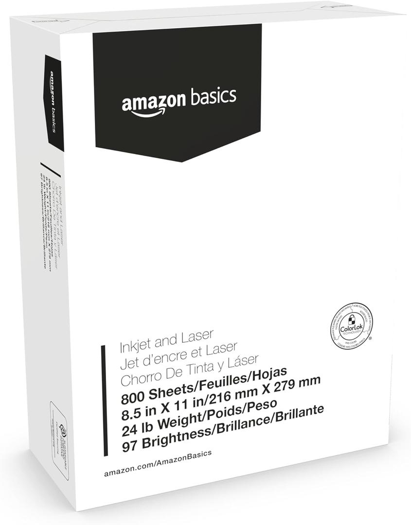 Amazon Basics Multipurpose Copy Printer Paper, 8.5 x 11 Inches , 24 lb, 1 Mega Ream, (800 Sheets), 97 Bright, White