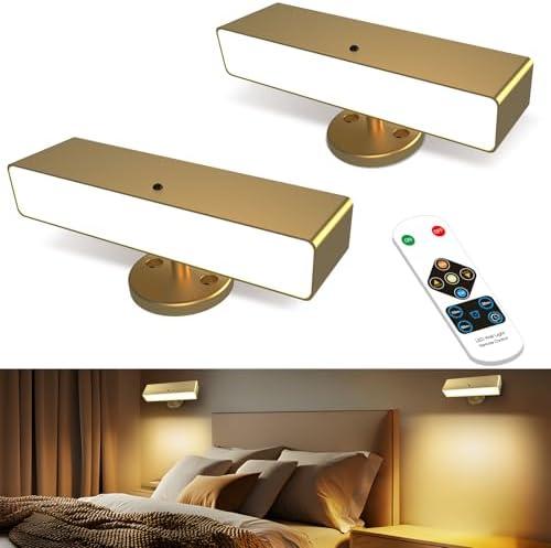 Battery Powered Wall Sconce Lights Set of Two: Gold Rechargeable Wall Lights with Remote, Wireless LED Wall Mounted Lights, 360° Rotation Magnetic Cordless Scone Lighting for Bedroom Living Room