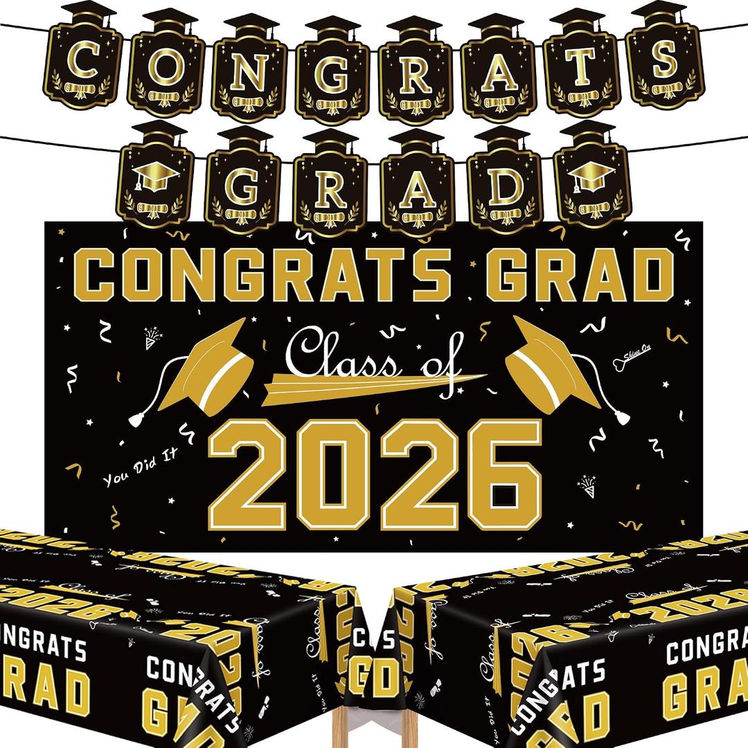 Graduation Decorations 2026 2027 - Black Gold Congrats Grad Banner Backdrop Tablecloth Set - Graduation Decorations Class of 2026 | Graduation Party Favors Supplies