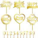 16 PCS Happy Birthday Cake Topper Set, Gold Cake Decoration, Acrylic Reusable Numbers Cake Cupcake Desserts Topper Double-Sided Glitter Birthday Cake Topper for Kids Adults