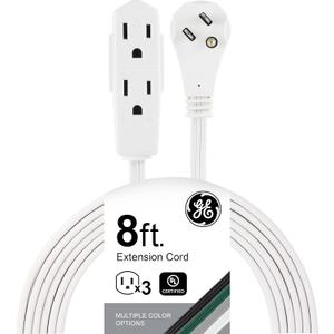 GE 3-Outlet Flat Extension Cord 8 Ft Grounded Extension Cord with Multiple Outlets 3 Prong Outlet Extender Flat Plug Indoor Power Strip 16 Gauge UL Listed White 50251