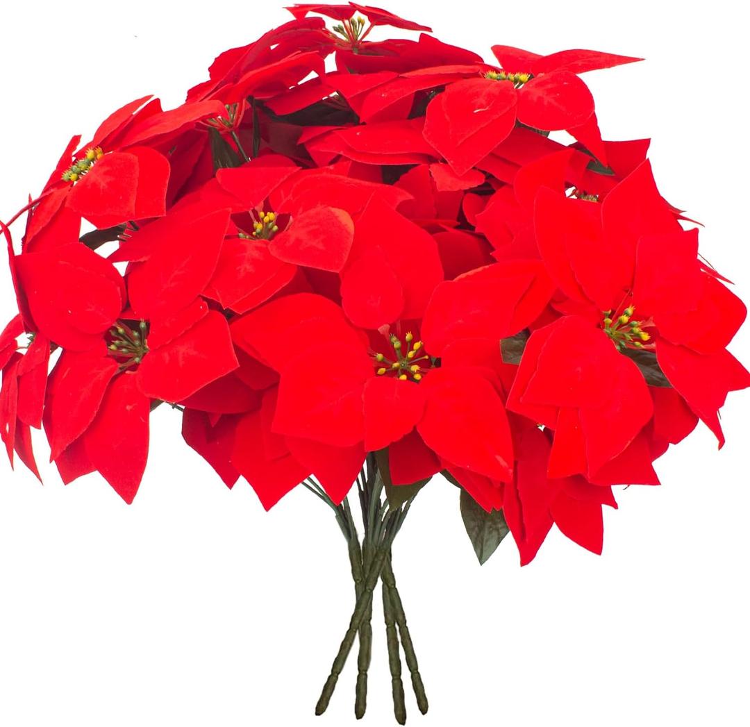 5 Artificial Poinsettia Flowers Bouquet Christmas 7 Heads 19.6Faux Red Poinsettia Bush Fake Flowers for Home Porch Xmas Tree Garden Indoor Outdoor Office Christmas Decorations