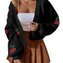 GORGLITTER Women's Cherry Cropped Cardigan Sweaters Open Front Long Sleeve Cute Chunky Knit Short Cardigan Trendy (Black Cherry, Small)