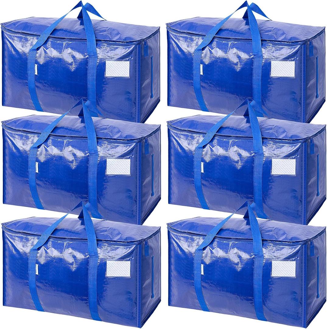TICONN 6 Pack Extra Large Moving Bags Heavy Duty with Zippers & Carrying Handles, Durable Storage Bags Moving Boxes for Closet Organizers and Storage (6 Pack, Blue), Extra Large: 27'' x 14'' x 15'' and up to 24 Gallon volume