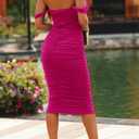 PRETTYGARDEN Summer Wedding Guest Dresses for Women 2026 Off the Shoulder Ruched Bodycon Spring Midi Cocktail Party Dress (Pink, M)
