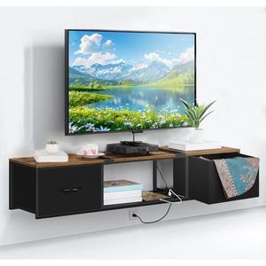 Vrisa Wall Mounted TV Stand for Living Room Floating Media Console with Drawers Wall Mount Entertainment Center Floating TV Stand with Power Outlets Farmhouse TV Console Wall Mount, Rustic Brown