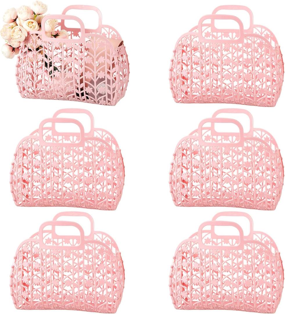 Silkfly 6 Pcs Jelly Pink Tote Bags for Girl Summer Beach Purse Women Shower Storage Basket Large Cute Plastic Handbags Bulk with Handle for Bathroom Pool Bath Toy Storage Wedding Bridesmaid Gifts, L