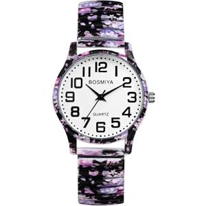 JewelryWe Elastic Watches for Women: Easy Read Analog Quartz Stretch Band Watch Floral Expansion Band Wristwatch for Valentine's Day